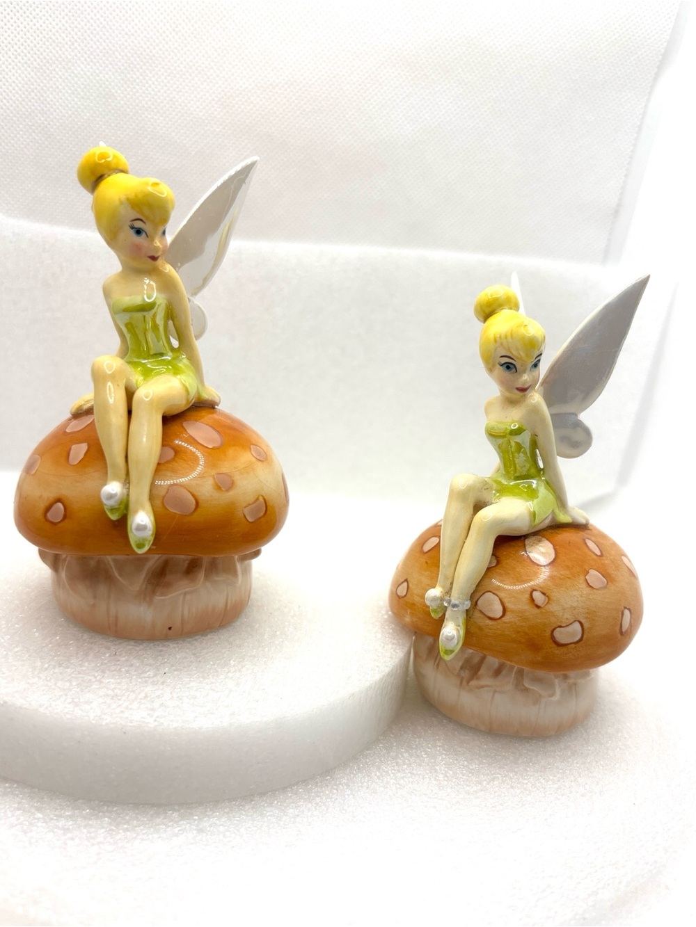 Vintage Ceramic Disney Tinkerbell sitting on a mushroom salt & pepper shakers